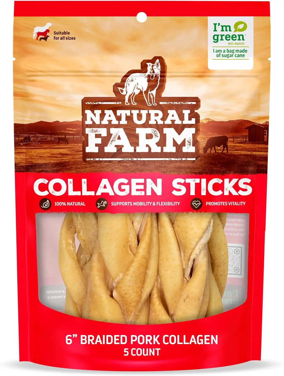 Natural Farm 6-Inch Braided Pork Collagen Sticks - 5-Pack, 95% Collagen, All-Natural Brazilian Pork Skin, No Preservatives, Odor-Free, Supports Joint/Bone Health, Aids Mental Stimulation, Ideal for Medium-to-Heavy Chewers (3-5 Min Chew Duration)
