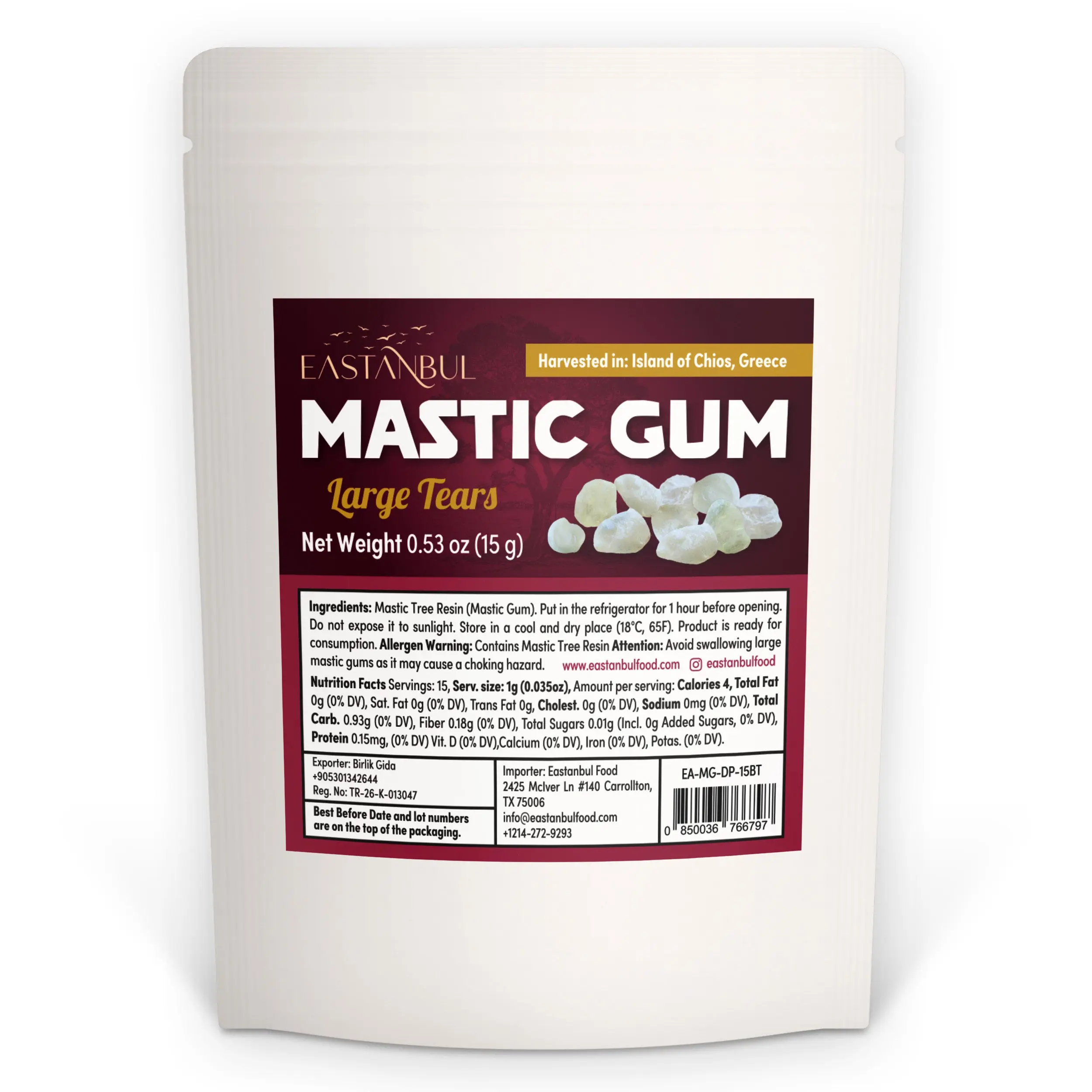 Eastanbul Mastic Gum Chewing Gum, Large Sized Natural Tears of Chios 0.53oz