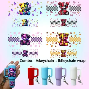 4 in 1 Halloween Party DIY Keychain Set, 4 Counts Mini Keychains with 4 Counts Animal Transfer Sticker, DIY Craft Kit for Gift Making, Cute Charms Keychain