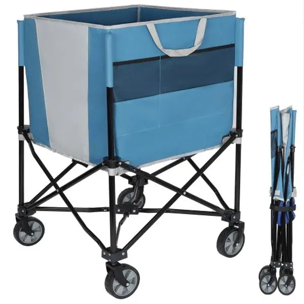 Collapsible Ball Hopper Basket for Players & Coaches, Stable Mesh Sports Equipment Organizer with Lockable Wheels & Side Pockets, Accessory for Tennis, Pickleball & Garage Storage