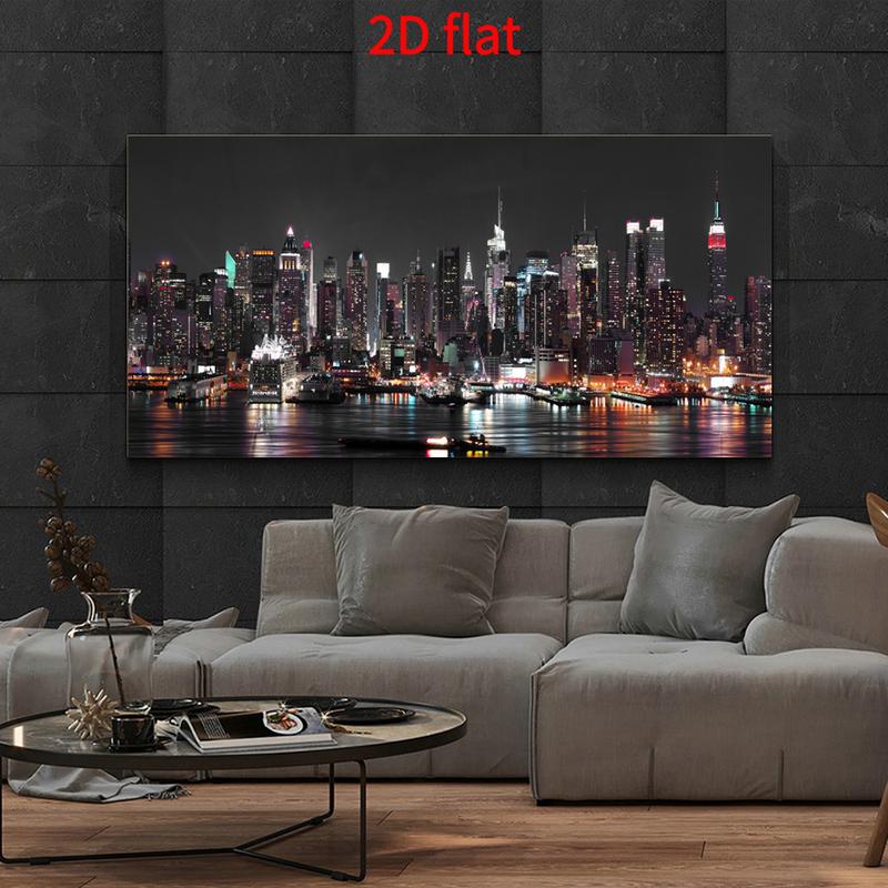 Wooden Framed Canvas Painting[2D Plane] New York City Skyline Night View Oil Painting canvas - Modern Manhattan City landscape wall with illuminated skyscrapers, Wrapped wooden frame, bright colors, suitable for home office decoration, Wrapped in canvas