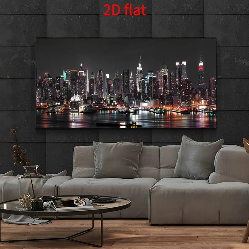 Wooden Framed Canvas Painting[2D Plane] New York City Skyline Night View Oil Painting canvas - Modern Manhattan City landscape wall with illuminated skyscrapers, Wrapped wooden frame, bright colors, suitable for home office decoration, Wrapped in canvas
