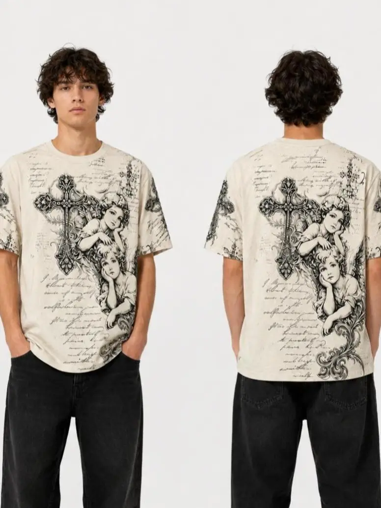 Men's Cherub Angel Cross Graphic Oversized Vintage Cream Front-Back Print Gothic Baroque Streetwear Round Neck Shortsleeve T-Shirt - Alternative Black Cargo Outfits Sneakers Compatibility Top