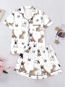 Women's Sleepwear Set Loungewear Pajama Set, Short Sleeve Button-Up Shirt, Elastic Waist Shorts, Casual Home Wear for Holiday Parties, All Seasons