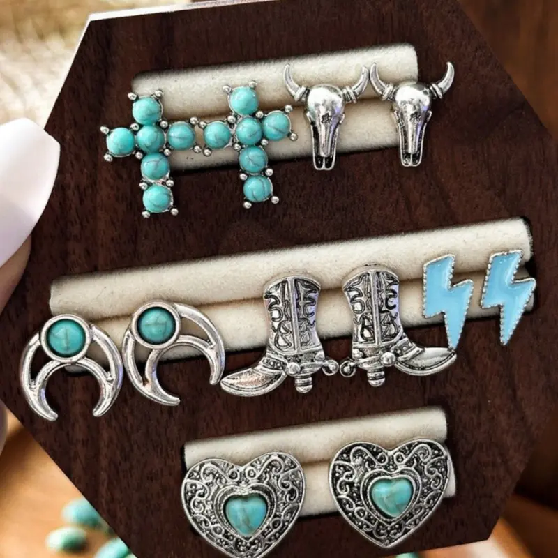 Bohemian Style Turquoise Stud Earrings Set, Ethnic Design Cow Head Boots Shape, 6 Pairs Boho Women Jewelry, Denim Style Accessories, Vibrant Chic Pop