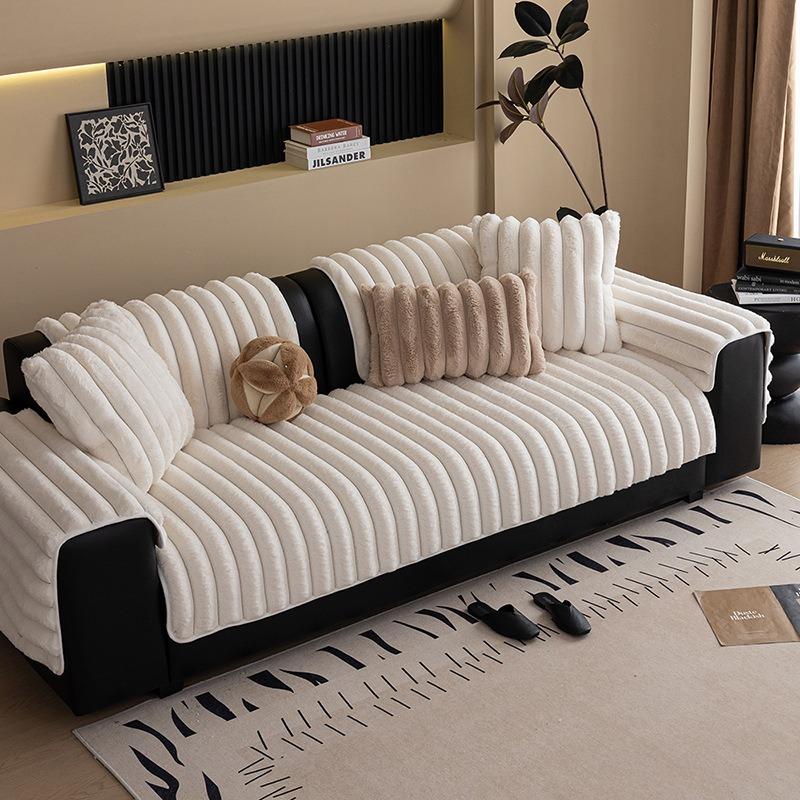 Cloud-Like Cream Ribbed Faux Fur Sofa Cover | Ultra-Soft Striped Couch Protector