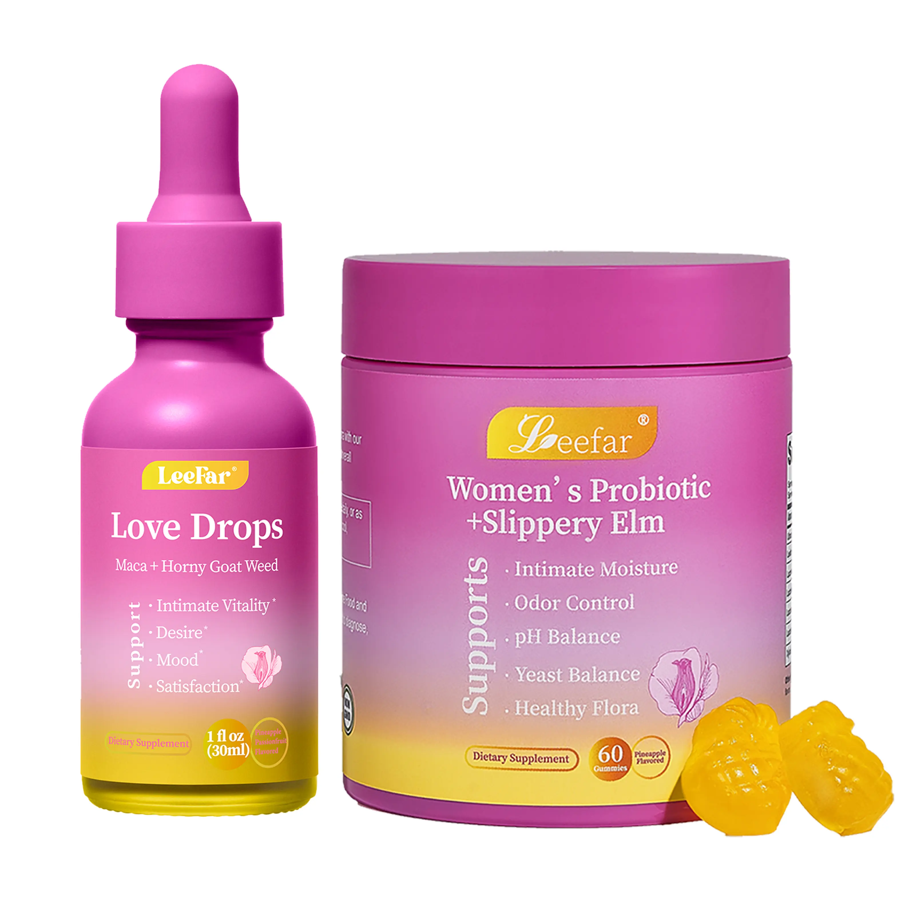 LeeFar Bedroom Bundle – Her Juicy Women's Probiotic Gummies + Love Drops for Intimate Wellness