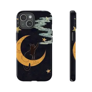 Moon Cat Tough Phone Case – Cute Black Cat on Crescent Moon, Starry Night Aesthetic Phone Cover, gift