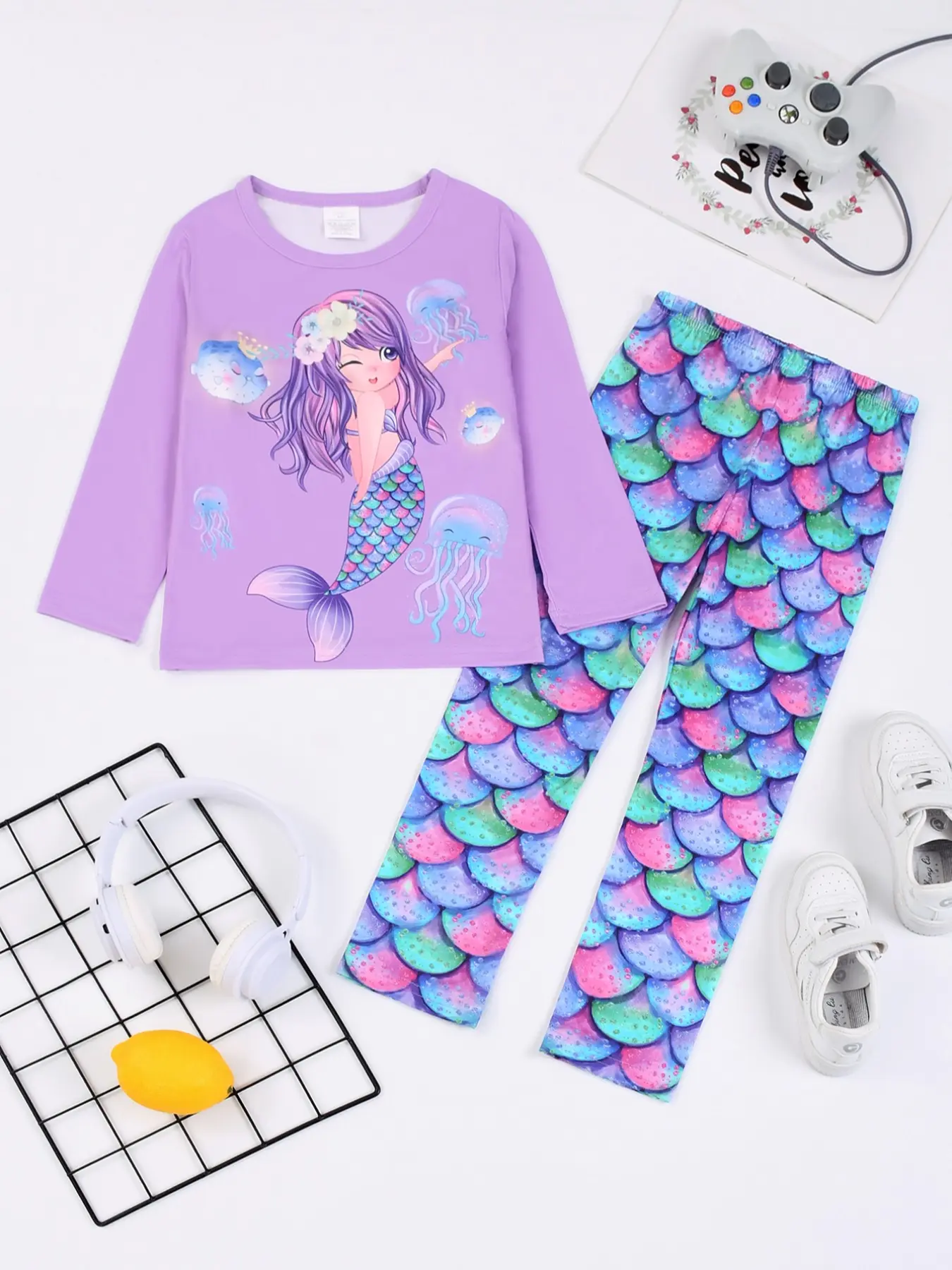 Girls' Mermaid Print Long Sleeve Top & Pants Set, Casual Fitted Home Wear, Pajamas Loungewear, All Seasons Comfortable Sleepwear, Snug Fit Pajamas, Soft Casual Pajamas, Casual Comfy Pajama, Cartoon Print Sleepwear, 2-Piece, Pajama Outfit, Pj Sets