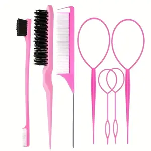 7-Piece Styling Tool Set, Top Ponytail Brush, Hard Bristle Hair Brush, Edge Control Brush, Metal Tail Comb, Salon Hairstylist Tools