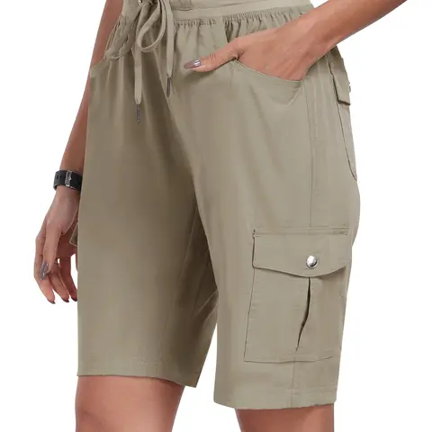 MoFiz Women's Lightweight Quick-Dry Knee-Length 45% Rayon-Nylon Blend Breathe-Easy Outdoor Shorts - Elastic Waistband, Buttons, Multiple Pockets, 5.5" Phone Pocket for Hiking, Summer Fitness, Phone 5.5" Pocket