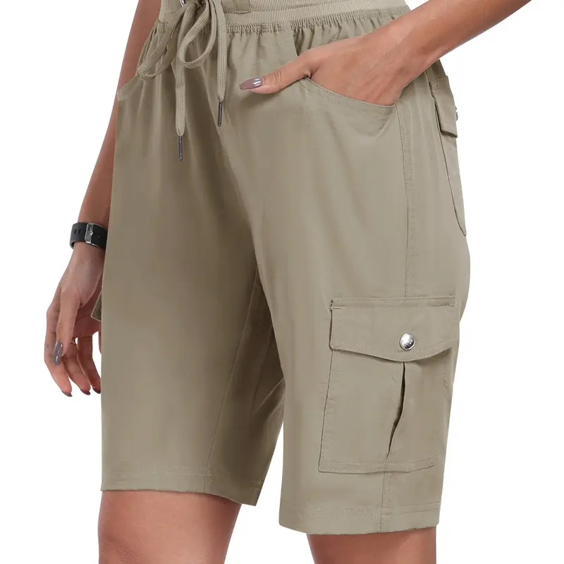 MoFiz Women's Lightweight Quick-Dry Knee-Length 45% Rayon-Nylon Blend Breathe-Easy Outdoor Shorts - Elastic Waistband, Buttons, Multiple Pockets, 5.5" Phone Pocket for Hiking, Summer Fitness, Phone 5.5" Pocket