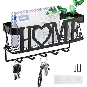 Key Holder for Wall - Key Rack with 5 Key Hooks, 11.02" L×2.75" W×4.92" H, Key and Mail Organizer Wall Mount with Mesh Basket, Key Hanger for Wall, Entryway, Home Decor(Matte Black)