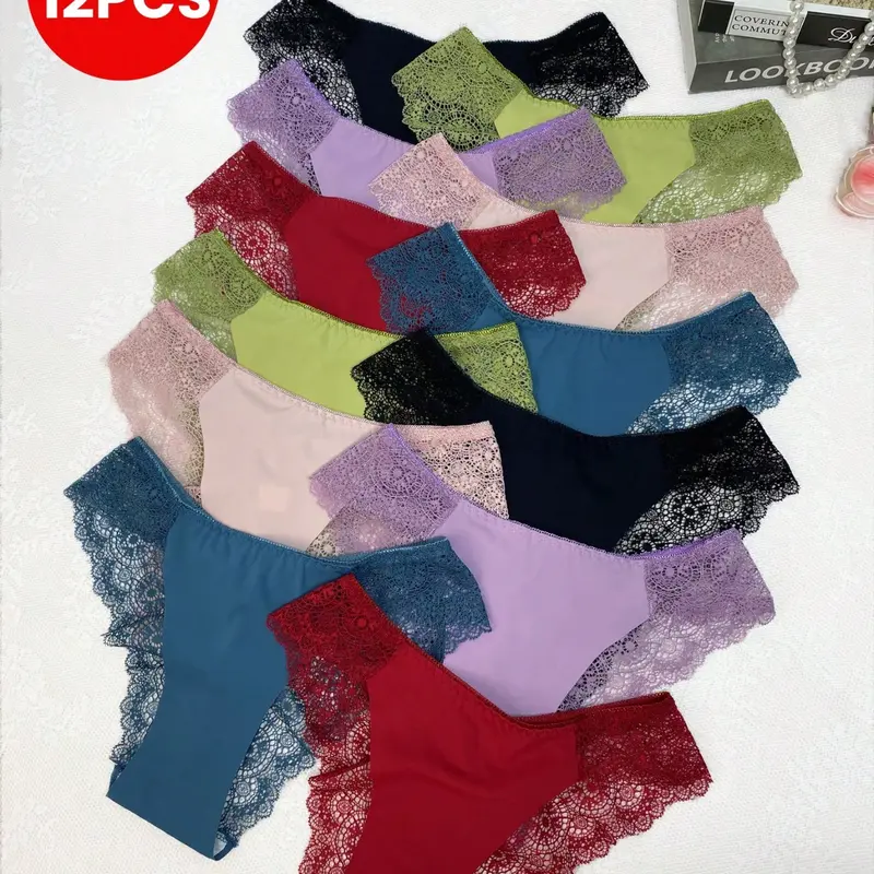 Women's 12-Pcs Multicolor Contrast Lace Knitting Knicker Set - Sexy, Elegant, Comfortable Low-Rise No-Show Panties, Soft Breathable Spliced Scalloped Lace Underwear, Stylish Daily Intimate Lounge Wear