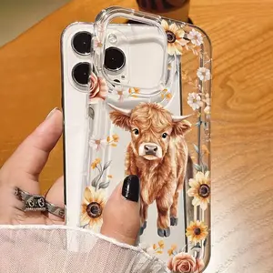 Sunflower Highland Cow Pattern Transparent Phone Case Protector, Full Protection Protective Shockproof Tpu Cover, Fits iPhone 11/12/13/14/15 Series, Gift for Boyfriend/girlfriend