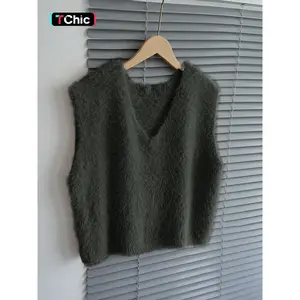 Women’s solid V-neck sweater vest, casual sleeveless knit top for fall and winter, women’s knitwear for everyday wear