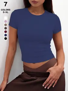 Minimalist Solid Color Crop Top with Crew Neck and Short Sleeves, Fitted Spring and Fall T-Shirt, Neutral Tone Wardrobe Essential for Everyday Style