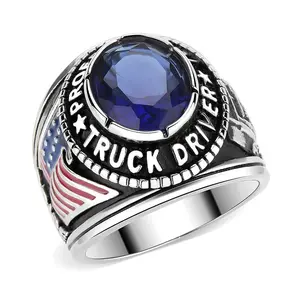 Men's Stainless Steel Proud Trucker Class Ring with American Flag Design