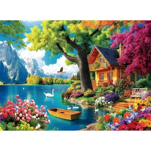300 Piece Jigsaw Puzzles for Adults Kids Elderly, Vintage Lake House Tree Landscape Puzzle, Challenging Large Piece Puzzle, Great Family Game Gift 20.5x15in