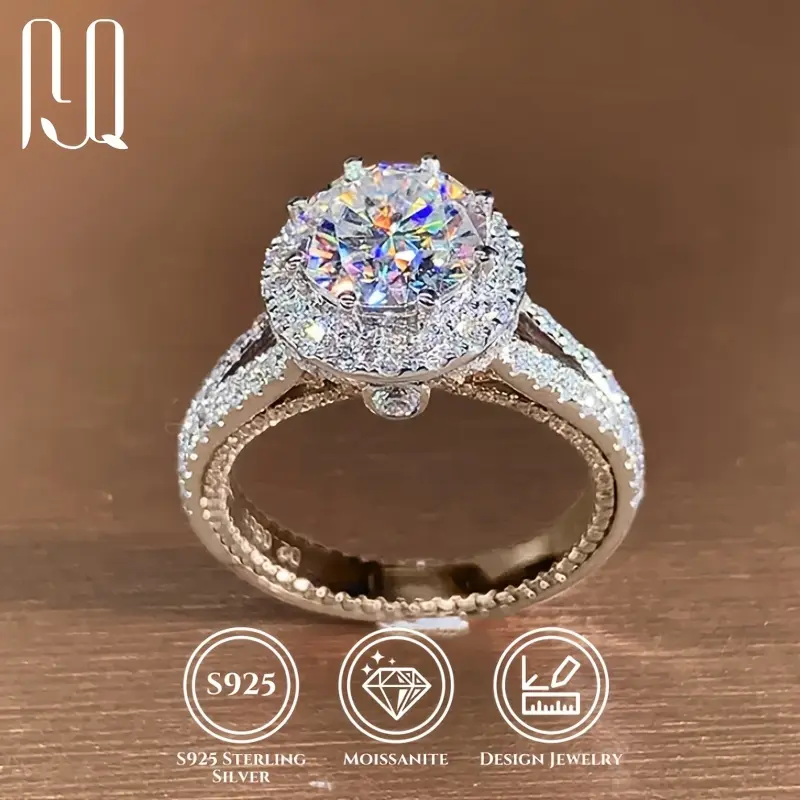 Elegant and Luxurious 2 Carat 925 Sterling Silver Moissanite Diamond Ring, 18K White Gold Plated, 5 Laye of Electroplating, Perfect Engagement/Wedding/Anniveary/Birthday Gift for Women, Size Options Available