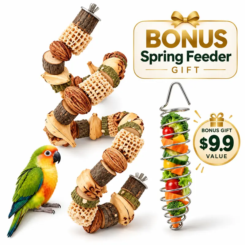 80cm(31.50in) Bite-Safe Premium Peach Wood Bird Climb & Chew Toy - Durable Long-Lasting Birdcage Accessories, Climbing Perch Stand, Hang w/ Hooks Fast Installation, Budgie Boredom Relief & Beak Health Aid + Complimentary Stainless Steel Feeding Rack