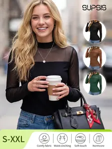Women's Contour Long Sleeve Mesh Body Sculpting Top, Premium Seamless Leotard for Evening Wear, Breathable Comfortable Versatile Style,Spring Break Outfit,Summer Fashion,Slim Fit Blouses,Slim Fit Ruched