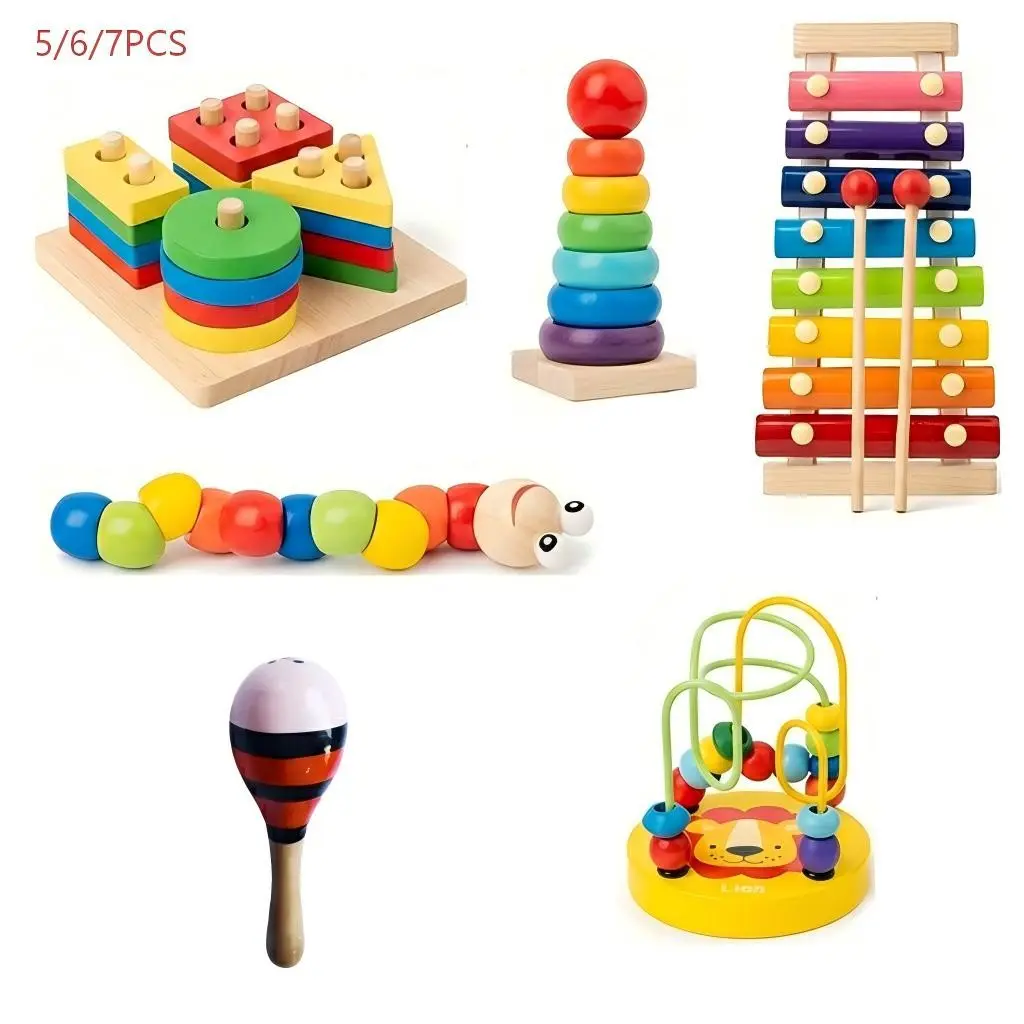 Wooden Montessori Education Toy Set, Preschool Learning Tool, Colorful Stack Tower, Stacking Game, Octave Bell, Rotating Fun, Music Rattle, Sensory Gift for Kids, Birthday, Christmas, Multi Activity Playset