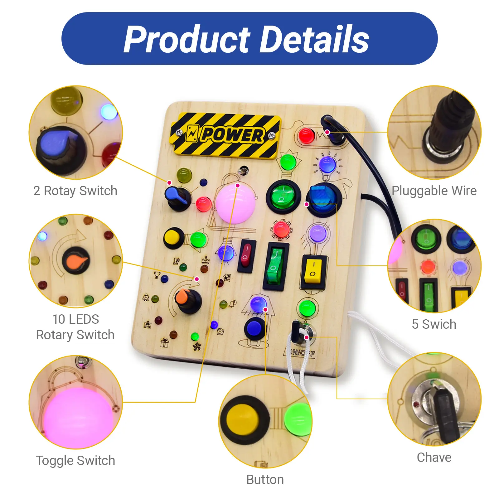 NPOWER G39 Montessori Busy Board for Kids Wooden Educational LED Circuit Switch Box Early Learning Sensory Toy with 10 LEDs Rotary Switches & Durable Wood Construction for Toddlers
