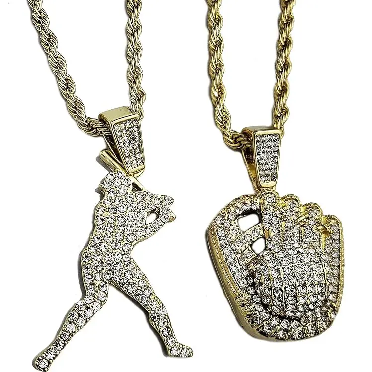 MaxBling81 Unisex 2-Piece Iced Out Baseball Pendant Set - Lab Diamonds, Baseball Hitter & Glove Charms, Plated Finish Gold Alloy, 4mm 24" Rope Chain, Casual Daily Wear Gift