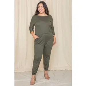 EG fashion Plus Quarter Sleeve Boat Neck Blouson Jumpsuit