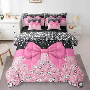 Pink Bowknot 7 Piece Comforter Set,Cute Bow Knot Bedding Set,Kawaii Silk Ribbon Comforter and Sheet Set,Diamond Dreamy Princess Style Bed Set