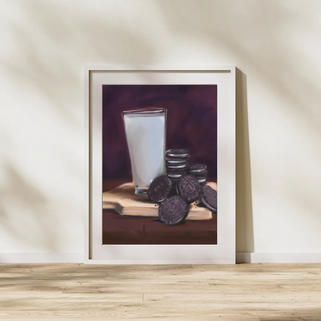 Milk and Cookies Fine Art Poster | Home Decor | Wall Art | Oreos and Milk Painting | Painting Print | Food Painting | Fine Art | Vintage Wall Art | Food Still Art