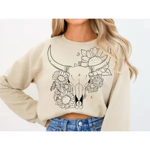 RTS Western skull boho skull flowers SINGLE COLOR BLACK Screen Print transfers size ADULT 10X12  12-M