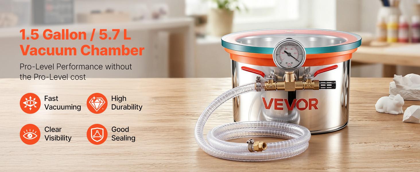 【fathersdaygift】VEVOR 1.5 Gallon Vacuum Chamber, Stainless Steel, Vacuum Degassing Chamber with Tempered Glass Lid, Hose, Air Filter, for Resin Casting, Stabilizing Wood, Degassing Silicone, Epoxies, Essential Oils