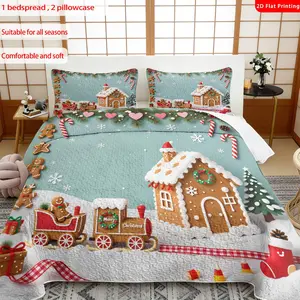 3pcs, 2D flat print Gingerbread House Style Bedspread Set, Christmas Theme, multiple sizes available, bedding set, festive decorative bedding, ideal for bedroom décor(1 bedspread , 2 pillowcase)