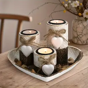 4pcs Heart Candlestick Set | Complete  Heart Candle Holder with Tea Light Stand, Vintage Candle Stand, Cute Rope Bow Decoration, Decorative Stones, Heart Tray Decorative Bowl, Perfect for Home Decoration, Christmas and Valentine'S Day Gifts