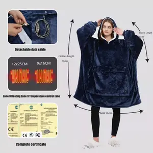 Heated Wearable Blanket Hoodie with Giant Pocket Oversized Hood & Elasticated Cuffs UTRS-Soft Flannel & Sherpa USB-Plugged-in Electric Blanket for Women