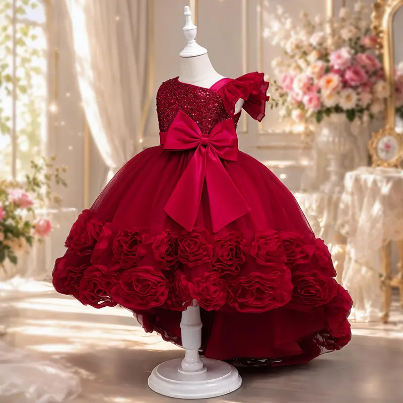 Girls  High Low Princess Dress with Sequin Bodice, Satin Bow & 3D Floral Tulle Skirt, Formal Party Dress for Birthday Wedding Flower Girl
