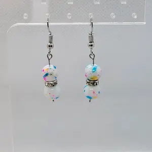 White Iridescent Ball Earrings with rhinestone spacer Plastic