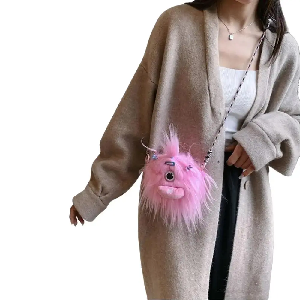 Unisex Anti-Shedding Shaggy Furry Plush Little Monster Messenger Bag - Adjustable Braided Crossbody Strap, Cute Cartoon Face Zipper Pocket Shoulder Bag, Soft Casual for Back to School Haul, Gym Use, Adjustable Strap, Sporty Gym Bags