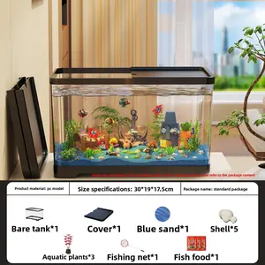 New Small-Sized Living Room Home Decor Landscape Ecological Fish Tank with Cover Transparent Desktop Tank for Fish & Turtles Four-in-One Filter Water Pump,summervibes