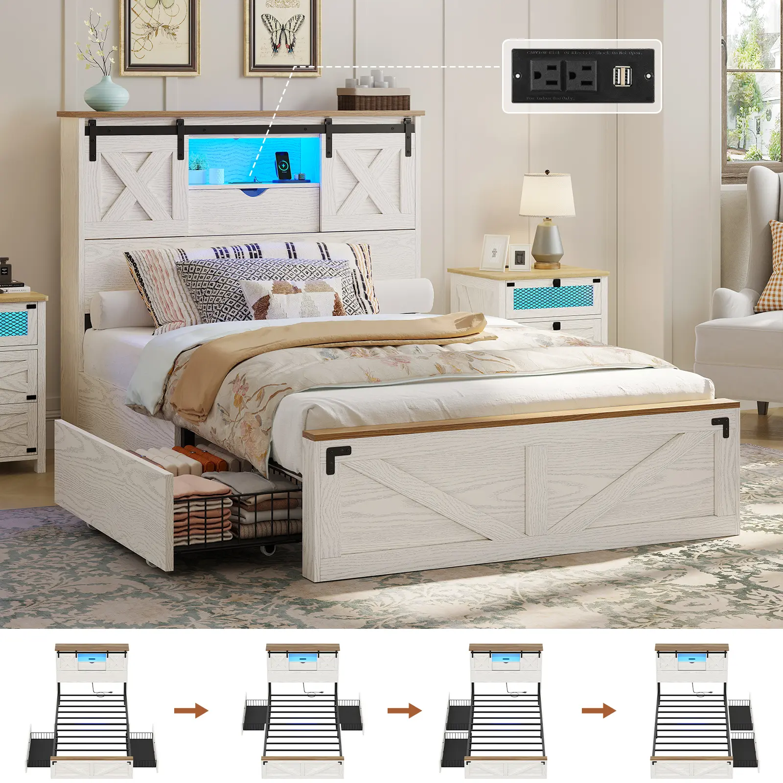 Hasuit Sturdy Twin Size Farmhouse Platform Bed - Durable Bed Frame with 2 Built-in Drawers, Rustic Accent Headboard with Sliding Barn Door Storage Cabinets, LED Lighting, Charging Station & App Light Control, Sturdy Platform Bed