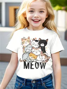 Girl'S Cute Cat Print T-Shirt, Medium Stretch, Crew Neck, Animal Pattern, Regular Fit- Spring/Summer/Fall Casual Top