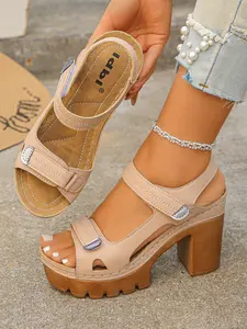 Summer New Fashion Wide Fit Thick Sole Chunky Heel Sandals Women, Waterproof Platform Strap Magic Tape High Heel Roman Sandals, Wedge Toe Beach Shoes