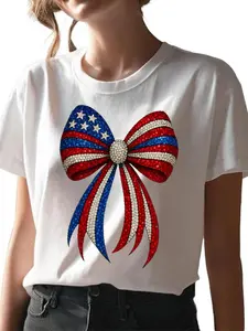 Imitation Crystal American Style Bowknot | Red White Blue 4th of July, Patriotic American Memorial Day Shirt Design 3 Letter Pattern, Trendy Short Sleeve T-Shirt, Letter Print, Regular Round Neck, Pure Comfortable Breathable Fabric