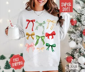 Coquette Christmas Bow Sweatshirt, Cute Christmas Sweater, Women's Holiday Crewneck