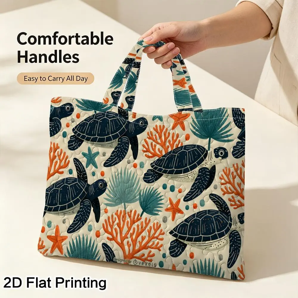 1pc Quilting And 2D FlatPrinting, Not Embroidery Sea Turtles and Coral Reef Quilted Shoulder-fit Handbag with Relaxed Quilting Design, Reusable Portable Tote Ideal for Daily Life, Parties & Weekend Travel, 2D Flat