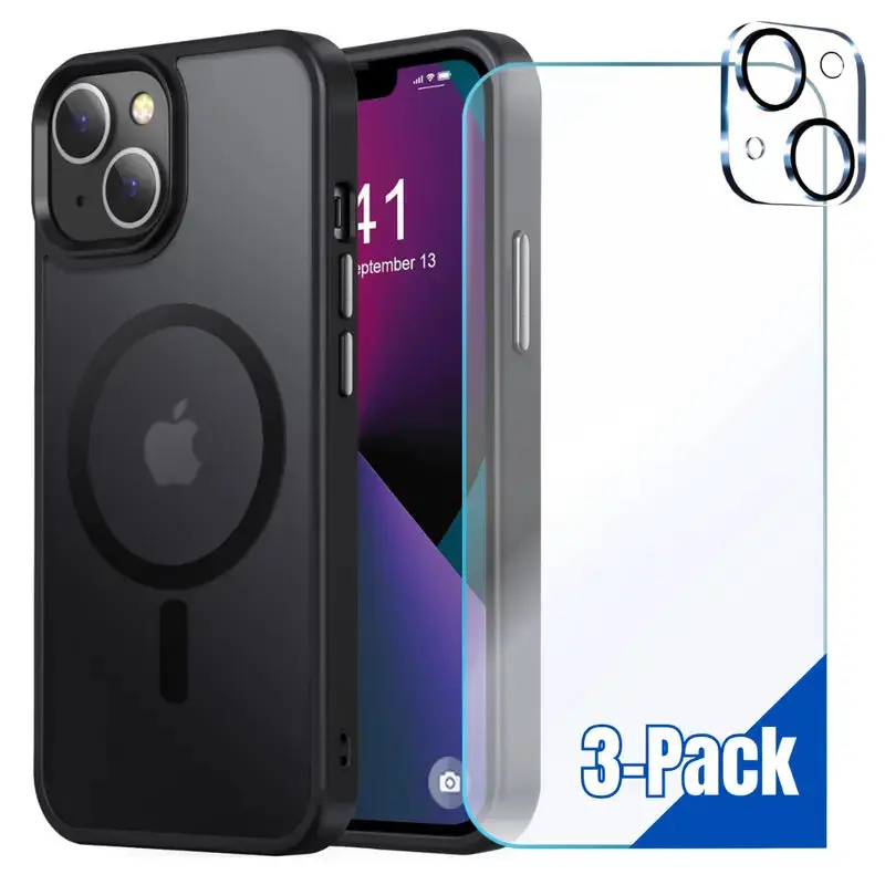 Entronix Bundle Compatible with iPhone 15 - [Magnetic] Translucent Matte Case, 1 Screen Protector & 1 Camera Lens Protector