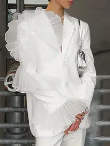 INCERUN Men's Fashion Patchwork Ruched Mesh Long Sleeve Polyester Casual Solid Color Suit, Streetwear Party, Stylish and Comfortable, Perfect for All Occasions