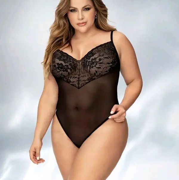 TEMPTED - 1 available in 3X/4X -Floral Lace & Sheer Mesh Bodysuit with Adjustable Straps & Crotch Fastening Medium Coverage Lingerie for Hopeless Romantics Women's Bodysuits Piece Womenswear Fit